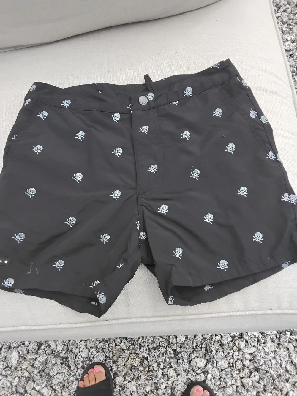 John Varvatos Black Swim Trunks with Light Gray Skull Print